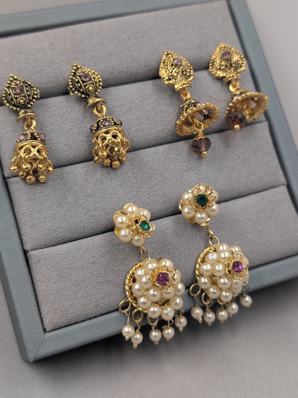 Indian Style Jhumka Earrings Pearl Rhinestone 3 Pair Diwali Lot | 0921